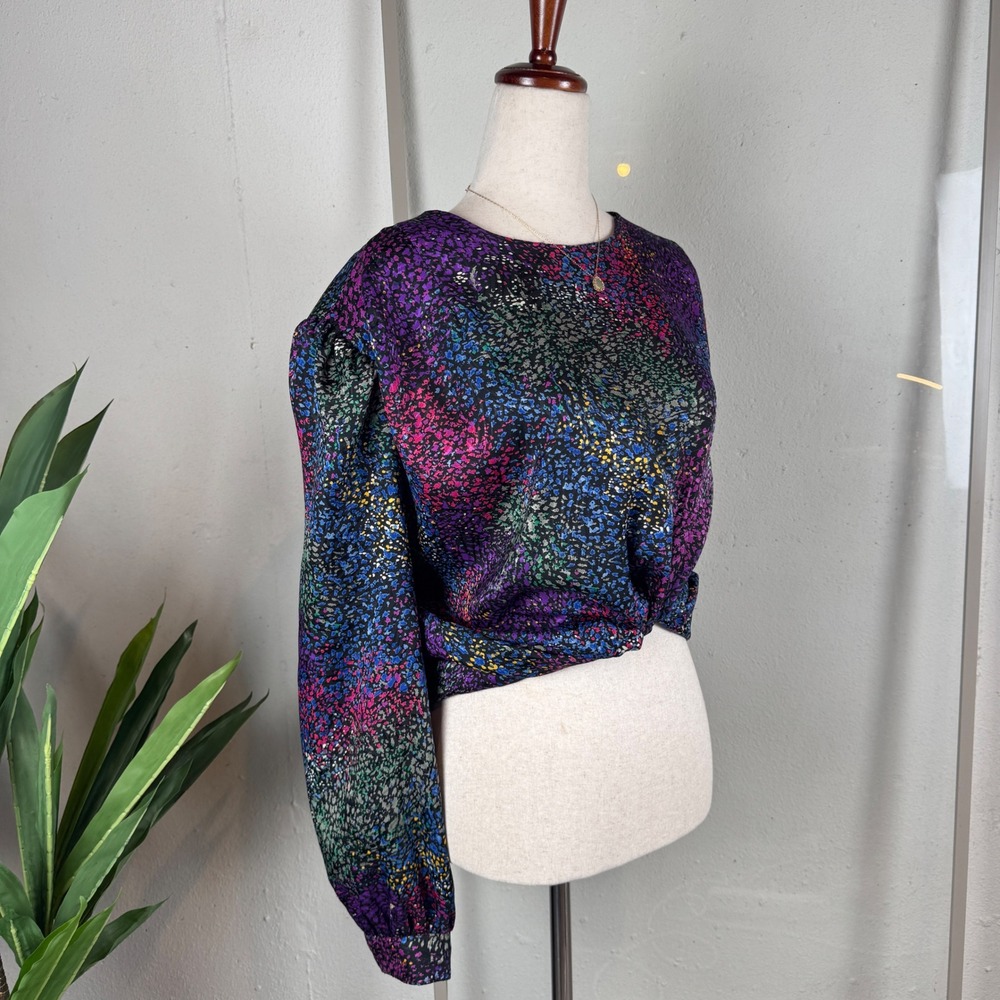 Vintage 80s Abstract Blouse Womens XL Colorful Puff Sleeve Shoulder Pads